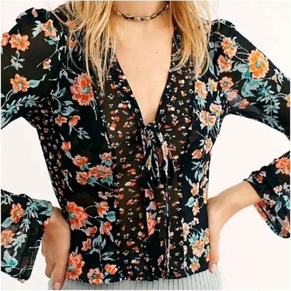 Free People Tops - Free‎ People | Casablanca Blouse w. Front Ties Black Floral Festival Boho XS